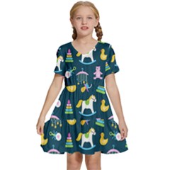 Cute Babies Toys Seamless Pattern Kids  Short Sleeve Tiered Mini Dress by Vaneshart