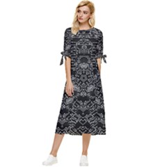 Illustration Black White Rosette Mandala Ornament Wallpaper Bow Sleeve Chiffon Midi Dress