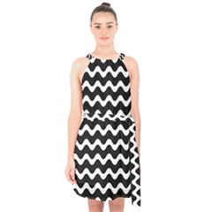 Illustration Black White Wave Pattern Wavy Halftone Halter Collar Waist Tie Chiffon Dress by Wegoenart