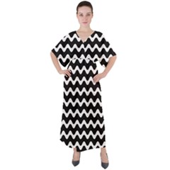 Illustration Black White Wave Pattern Wavy Halftone V-neck Boho Style Maxi Dress by Wegoenart