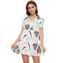 Illustration Colorful Flowers Floral Pattern Tiered Short Sleeve Babydoll Dress