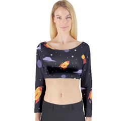 Cosmos Rocket Spaceships Ufo Long Sleeve Crop Top by Wegoenart