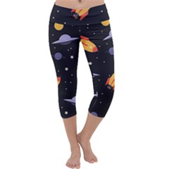 Cosmos Rocket Spaceships Ufo Capri Yoga Leggings by Wegoenart