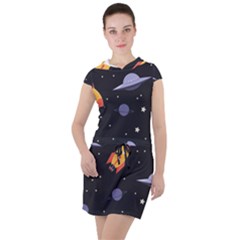 Cosmos Rocket Spaceships Ufo Drawstring Hooded Dress by Wegoenart