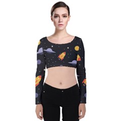 Cosmos Rocket Spaceships Ufo Velvet Long Sleeve Crop Top by Wegoenart