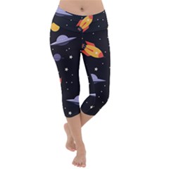 Cosmos Rocket Spaceships Ufo Lightweight Velour Capri Yoga Leggings by Wegoenart