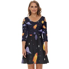 Cosmos Rocket Spaceships Ufo Shoulder Cut Out Zip Up Dress by Wegoenart