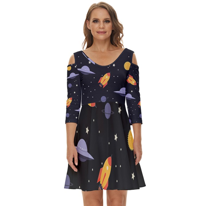 Cosmos Rocket Spaceships Ufo Shoulder Cut Out Zip Up Dress