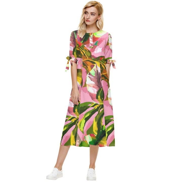 Illustration Paintimg Paint Monstera Leave Leaf Plant Green Bow Sleeve Chiffon Midi Dress