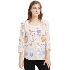 Chicken Dog Flower Sun Pattern Chiffon Quarter Sleeve Blouse by Sudhe