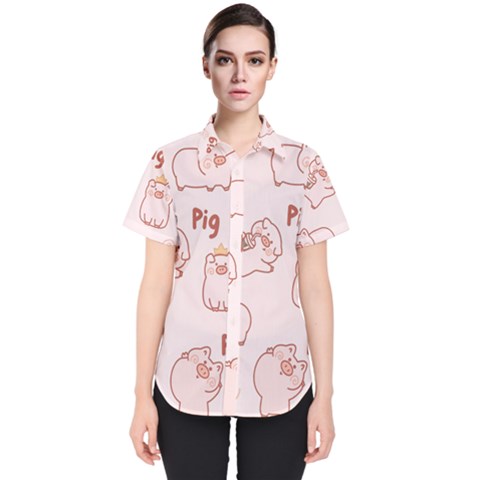 Pig Cartoon Background Pattern Women s Short Sleeve Shirt by Sudhe