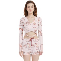 Pig Cartoon Background Pattern Velvet Wrap Crop Top And Shorts Set by Sudhe