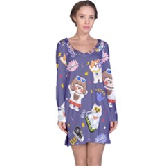 Girl Cartoon Background Pattern Long Sleeve Nightdress