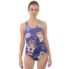 Girl Cartoon Background Pattern Cut-Out Back One Piece Swimsuit