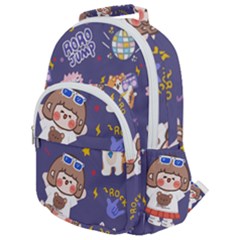 Girl Cartoon Background Pattern Rounded Multi Pocket Backpack