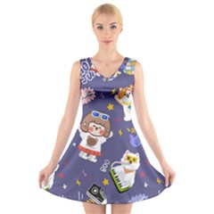 Girl Cartoon Background Pattern V-neck Sleeveless Dress