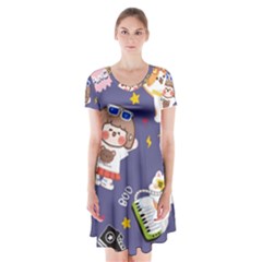 Girl Cartoon Background Pattern Short Sleeve V-neck Flare Dress