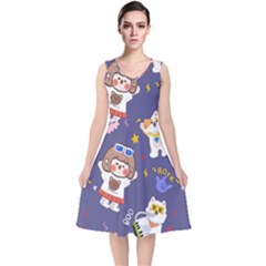 Girl Cartoon Background Pattern V-Neck Midi Sleeveless Dress 