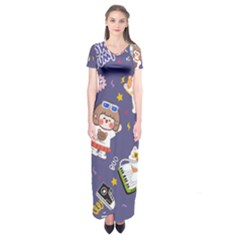 Girl Cartoon Background Pattern Short Sleeve Maxi Dress