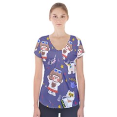 Girl Cartoon Background Pattern Short Sleeve Front Detail Top