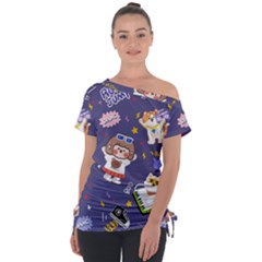 Girl Cartoon Background Pattern Off Shoulder Tie-Up Tee