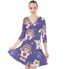 Girl Cartoon Background Pattern Quarter Sleeve Front Wrap Dress