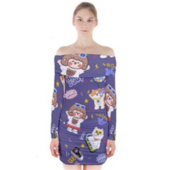 Girl Cartoon Background Pattern Long Sleeve Off Shoulder Dress