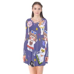 Girl Cartoon Background Pattern Long Sleeve V-neck Flare Dress