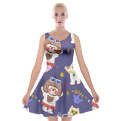 Girl Cartoon Background Pattern Velvet Skater Dress