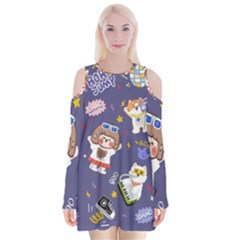 Girl Cartoon Background Pattern Velvet Long Sleeve Shoulder Cutout Dress