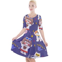 Girl Cartoon Background Pattern Quarter Sleeve A-Line Dress