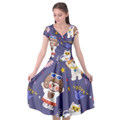 Girl Cartoon Background Pattern Cap Sleeve Wrap Front Dress