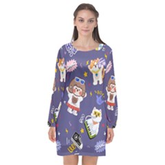 Girl Cartoon Background Pattern Long Sleeve Chiffon Shift Dress 