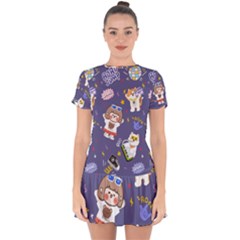 Girl Cartoon Background Pattern Drop Hem Mini Chiffon Dress