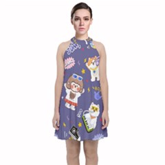 Girl Cartoon Background Pattern Velvet Halter Neckline Dress 