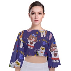 Girl Cartoon Background Pattern Tie Back Butterfly Sleeve Chiffon Top