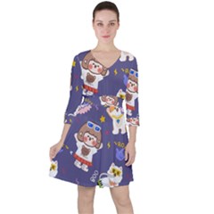 Girl Cartoon Background Pattern Quarter Sleeve Ruffle Waist Dress