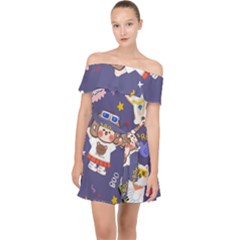Girl Cartoon Background Pattern Off Shoulder Chiffon Dress