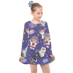 Girl Cartoon Background Pattern Kids  Long Sleeve Dress