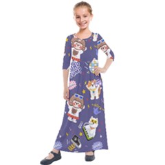 Girl Cartoon Background Pattern Kids  Quarter Sleeve Maxi Dress
