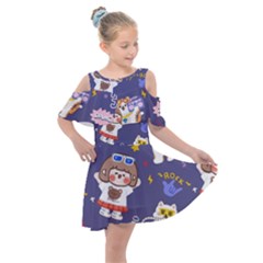 Girl Cartoon Background Pattern Kids  Shoulder Cutout Chiffon Dress