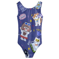 Girl Cartoon Background Pattern Kids  Cut-Out Back One Piece Swimsuit