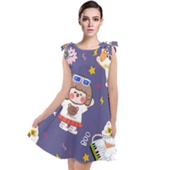 Girl Cartoon Background Pattern Tie Up Tunic Dress