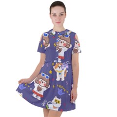 Girl Cartoon Background Pattern Short Sleeve Shoulder Cut Out Dress 