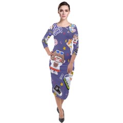 Girl Cartoon Background Pattern Quarter Sleeve Midi Velour Bodycon Dress