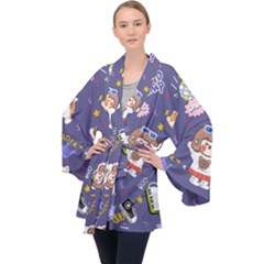 Girl Cartoon Background Pattern Long Sleeve Velvet Kimono 