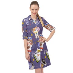 Girl Cartoon Background Pattern Long Sleeve Mini Shirt Dress