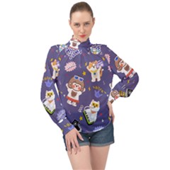 Girl Cartoon Background Pattern High Neck Long Sleeve Chiffon Top