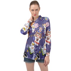 Girl Cartoon Background Pattern Long Sleeve Satin Shirt