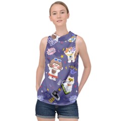 Girl Cartoon Background Pattern High Neck Satin Top